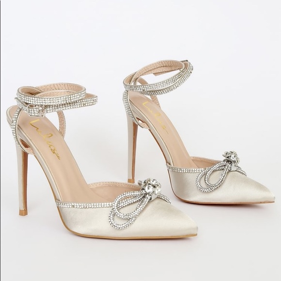 Lulu's | Shoes | Lulus Lullie Ivory Satin Rhinestone Ankle Strap Pointedtoe  Pumps | Poshmark